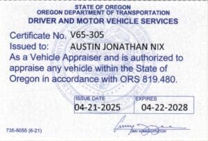 Oregon Certified License car appraiser Austin Nix. auto appraisals. 