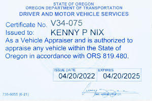 Ken Nix, Auto Appraiser certified by ODOT, who produces licensed independent appraisals