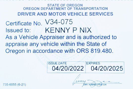 Oregon Auto Appraiser's License for Ken Nix