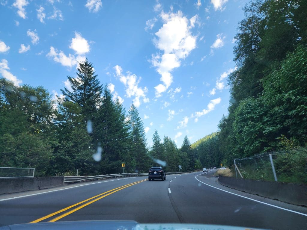 Vehicles following a curving Oregon road through dense evergreen forest beneath a blue sky